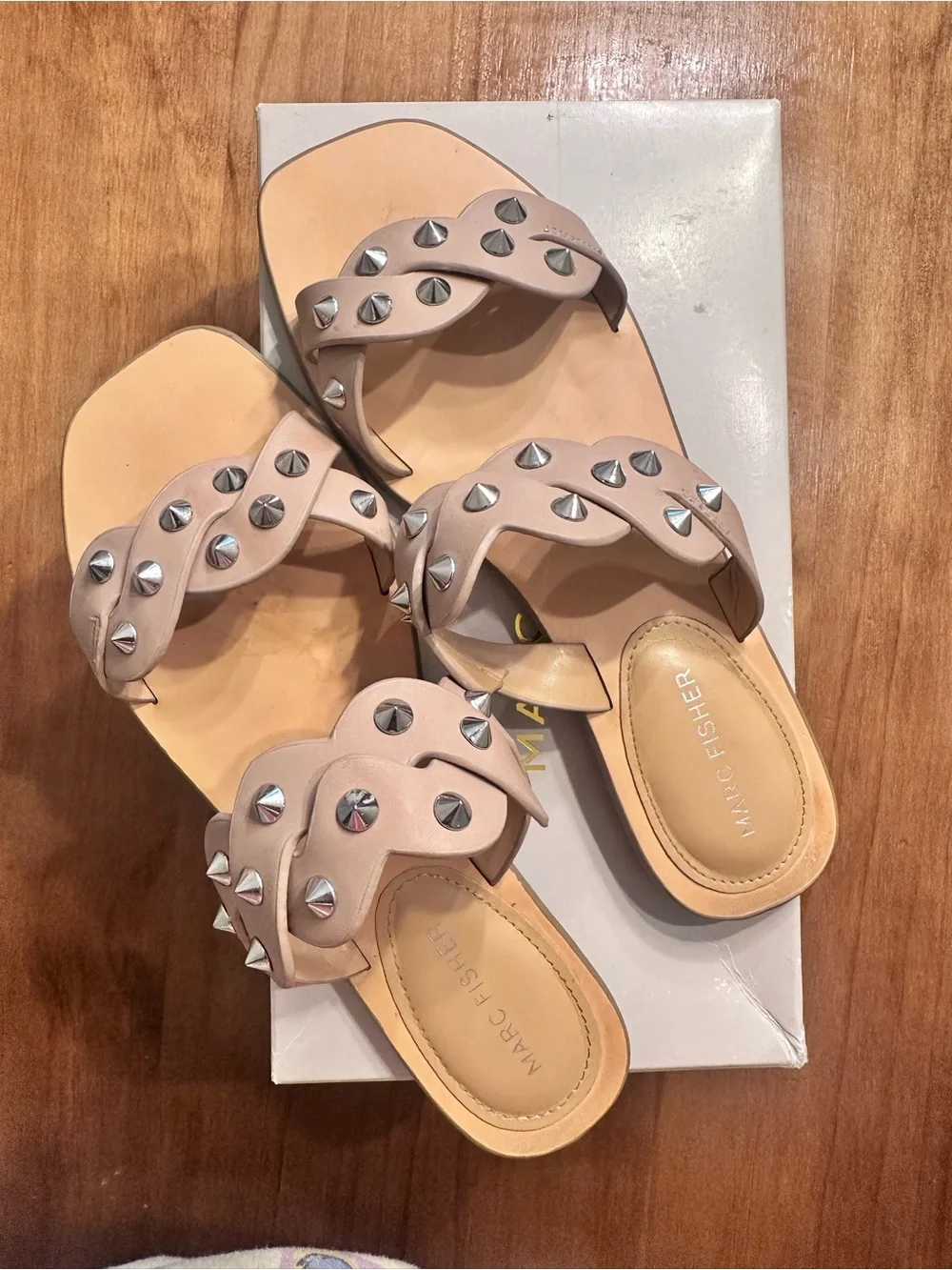 Marc Fisher Nude Studded Twist-Strap Slide Sandals